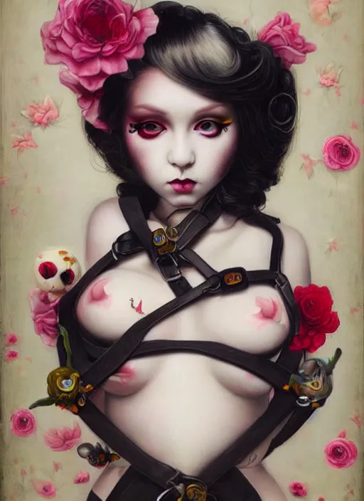 Image similar to pop surrealism, lowbrow art, realistic seductive cute woman painting, body harness, japanese shibari with flowers, hyper realism, muted colours, rococo, natalie shau, loreta lux, tom bagshaw, mark ryden, trevor brown style,
