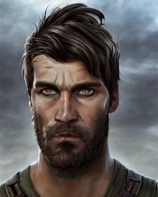 Image similar to portrait of muscular, tired and alcoholic 3 0 - year - old handsome man with short darkblonde hair, serious sad look in his eyes, dirty beard, blue eyes, wearing dirty soldier uniform, on the desert, hyper realistic face, beautiful eyes, character art, art by mark brooks, hyperdetailed, cryengine, trending on artstation, digital art