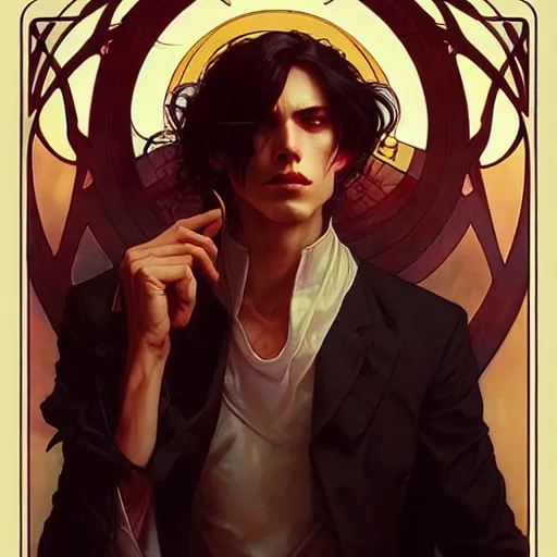 Image similar to attractive twenty first century male vampires beautiful eyes. highly detailed painting by artgerm and greg rutkowski and alphonse mucha 8 k