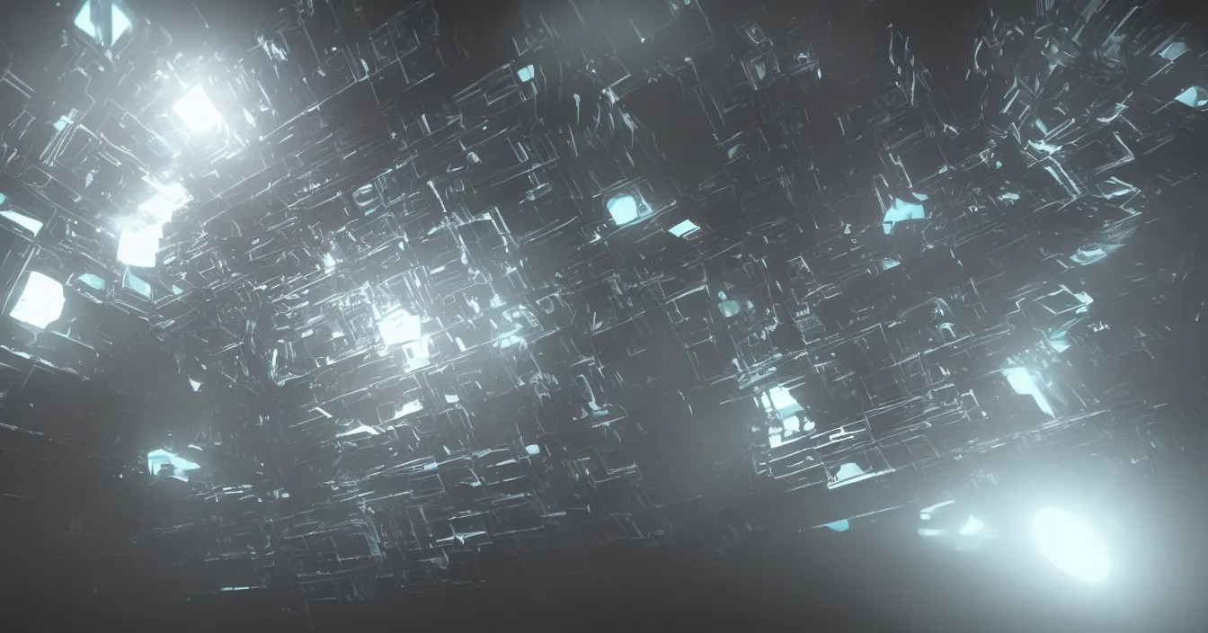 Prompt: Scifi concept art of glass tesseract, difraction from back light, defocused background with dark room, volumetry scattering, rendered in Unreal Engine