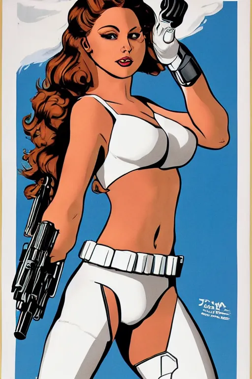 Prompt: propaganda poster of a portrait of a sexy stormtrooper in white bikini by geoff johns, sexy pose