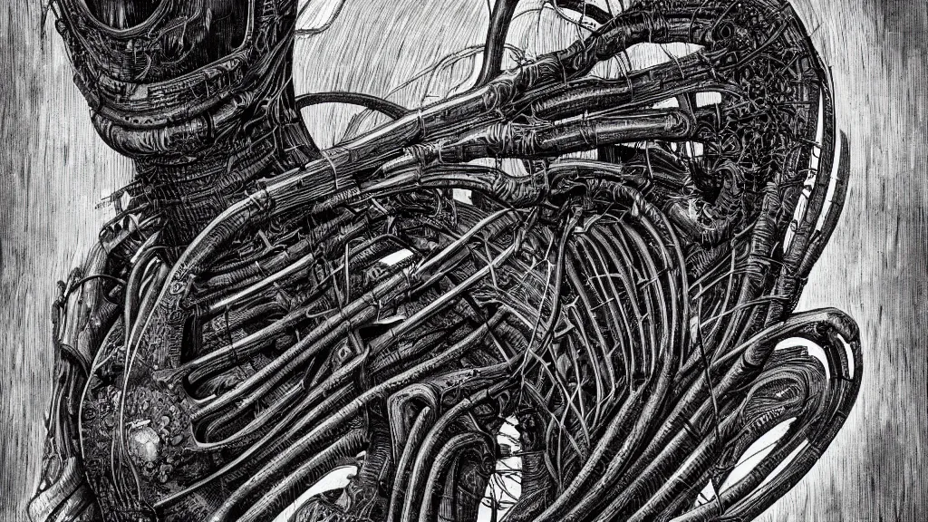 Image similar to Heart of the internet, core of the internet, style of Giger, H. R. GIGER, style of Junji Ito, 4K, highly detailed, minimalistic, minimalistic, minimalistic, fine tuned, machina