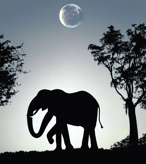 Image similar to elephant riding a flying bike across the full moon as silhouette, from the movie e. t. the extra terrestrial, with dark trees in foreground, cinematic frame by steven spielberg, hd