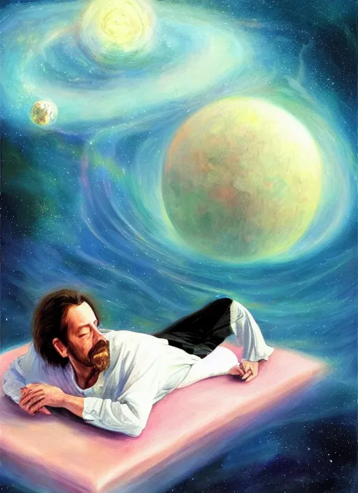 Image similar to alan watts laying down floating in the universe full body romanticism style painting highly detailed realism, featured on artstation