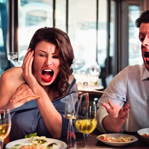 Prompt: wife and husband screaming at the restaurant for the awful dinner, 8K, Cinematic lights