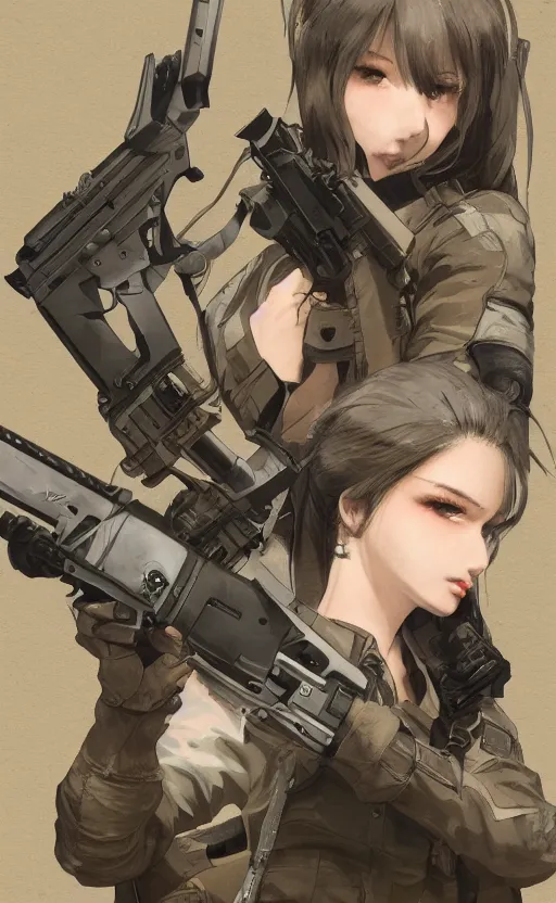 Image similar to highly detailed, high resolution, character design art, stunning, volumetric lightning, realistic guns, girls frontline style, matte, sharp focus, intricate, 150mm, illustration, artstation, by akio watanabe, realistic human anatomy, simple design, realistic military gear, metal gear style