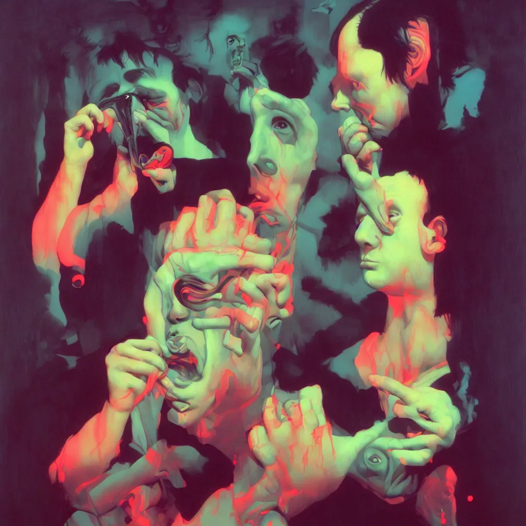 Image similar to weird and disturbing portrait of todd solondz puking blood, todd solondz, vivid colors, neon, art by ( ( ( kuvshinov ilya ) ) ) and wayne barlowe and francis bacon and artgerm and wlop and william - adolphe bouguereau