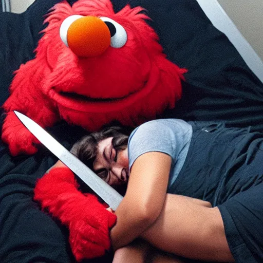 Image similar to elmo holding a bloody knife, standing over a sleeping woman, forced perspective, tv still