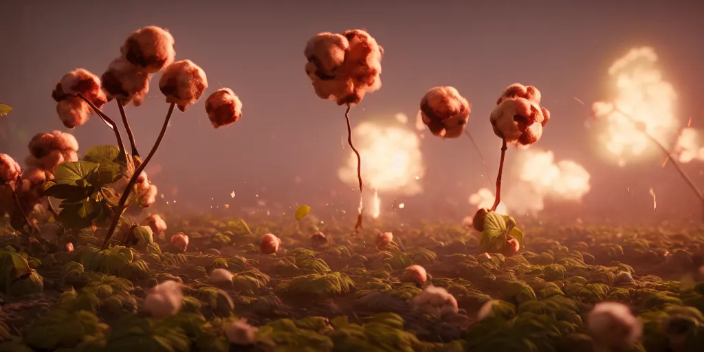 Image similar to explosion in the form of cotton plant, 3 d octane remder, epic lighting, 8 k, by goro fujita