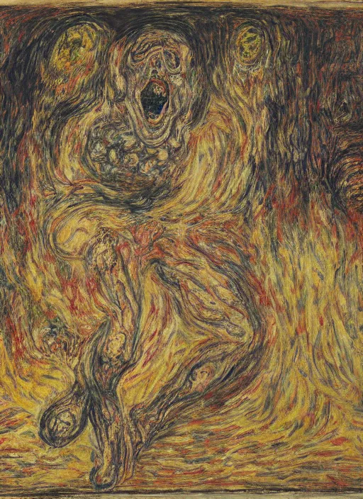 Prompt: a teratoma exploding in the middle of a museum room realizing that he has consciousness painted by james ensor