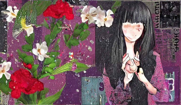 Image similar to ill bring u flowers in the pouring rain, shojo, collage, mixed media