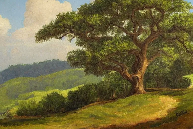 Image similar to masterpiece painting of oak trees on a hillside overlooking a creek, by marion wachtel