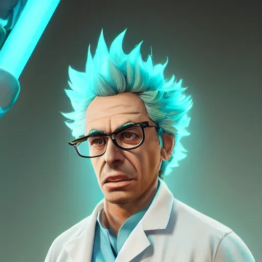 Image similar to portrait art of rick sanchez, lab coat, cyan shirt, 8 k ultra realistic, lens flare, atmosphere, glow, detailed, intricate, full of colour, cinematic lighting, trending on artstation, 4 k, hyperrealistic, focused, extreme details, unreal engine 5, cinematic, masterpiece