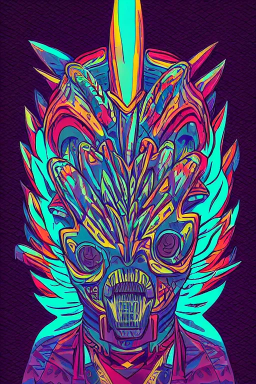 Image similar to totem animal mask tribal feather gemstone plant wood rock shaman vodoo video game vector cutout illustration vivid multicolor borderlands comics by josan gonzales and dan mumford radiating a glowing aura