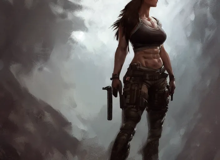 Image similar to portrait of lara croft as a beautiful female bodybuilder android with plump lips, elegant, fantasy, hd shot, digital portrait, beautiful, artstation, comic style, by artgerm, guy denning, jakub rozalski, magali villeneuve and charlie bowater