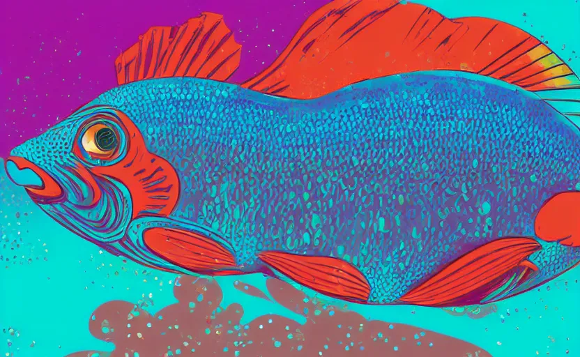 Image similar to one stylized fish with saturated colors viewed in profile in the dark ocean filled with complex sparkles and patterns, artstation, intricate, realistic, highly detailed, digital painting, concept art, sharp focus, illustration by tom whalen and charles williams and kilian eng and james jean