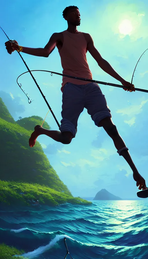 Image similar to highly detailed portrait of a young modern jamaican man fishing with a magical glowing fishing rod weapon, ocean background, unreal engine, fantasy art by greg rutkowski, loish, rhads, makoto shinkai and lois van baarle, ilya kuvshinov, rossdraws, tom bagshaw, global illumination, radiant light, detailed and intricate environment