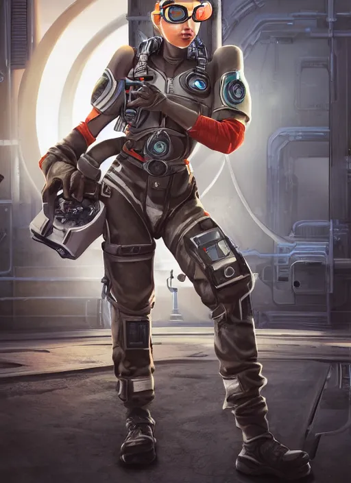 Prompt: character art of a female engineer wearing high-tech overalls, goggles on her forehead, toolbelt, heavy-duty boots, gloves, videogame character, Starcraft 2, Mass Effect, highly detailed full-body art, futuristic, serious, concentrated, industrial aesthetic, highly detailed, photo realistic, technical atmosphere, 8K, octane render, unreal engine
