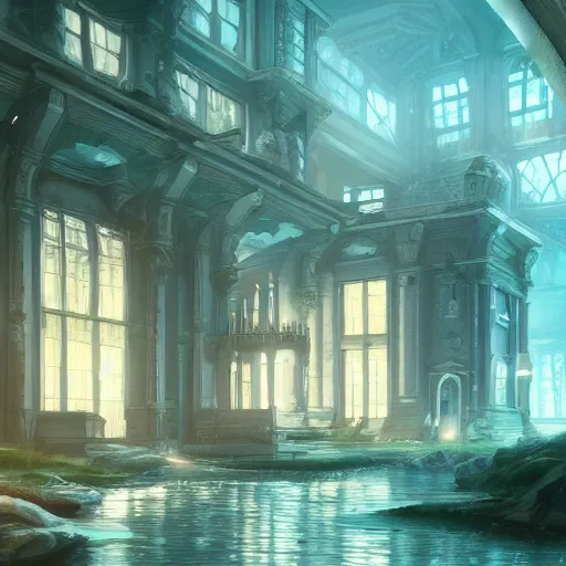 Image similar to futuristic old manor, crisp, artstation, luxury, beautiful, dim painterly lighting aquatic, 3 d concept art