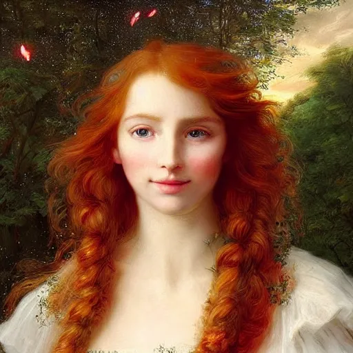 Image similar to sharp, intricate fine details, breathtaking, digital art portrait of a red haired girl with long hair and green eyes softly smiling, in a dreamy, mesmerizing scenery with fireflies, art by elisabeth vigee le brun