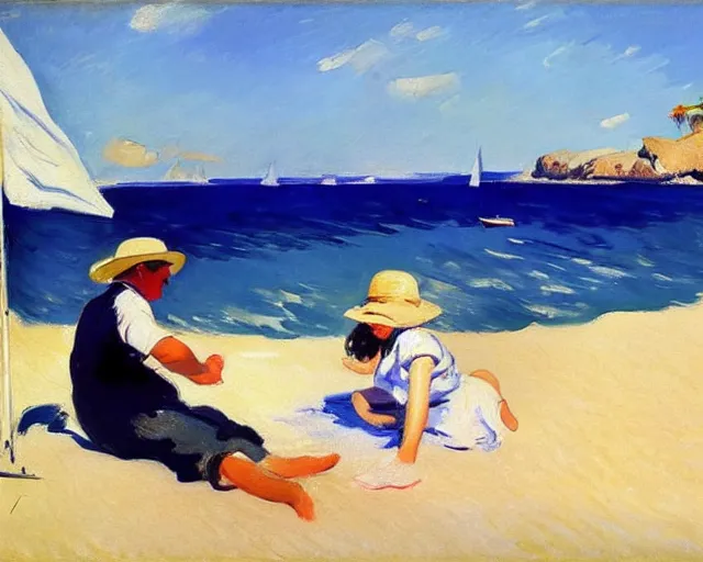 Image similar to a couple and a girl toddler on a beach in sardinia looking at a sailing boat, the man is wearing a panama hat, the woman has long dark hair, white sand, blue sky, summer, white and blue, painting by joaquin sorolla