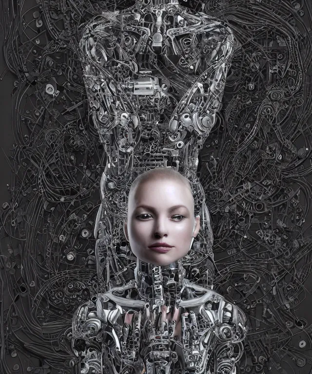 Image similar to a woman turning into an android, portrait, wearing aa cybernetic body, surrealism, intricate detail, ornate armor