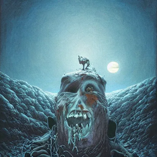 Prompt: an epic horrifying painting of a decaying zombie partially covered in the arctic moonlight by zdzislaw beksinkski by peter mohrbacher by lisa frank