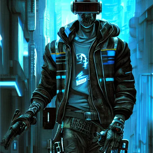 Prompt: cyberpunk hunter, atmospheric lighting, painted, intricate, blue and grey hour, ultra detailed by simon bisley