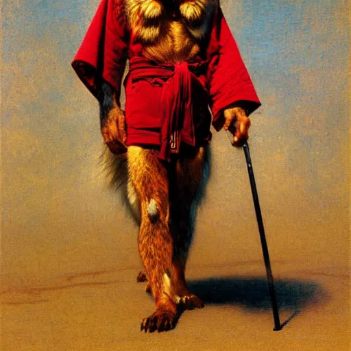 Image similar to a male ratwolfman rat wolf man in a red kimono furry arms furry body walking stick new york. furaffinity furry art detailed face painting by gaston bussiere craig mullins jc leyendecker gustav klimt artgerm greg rutkowski furry