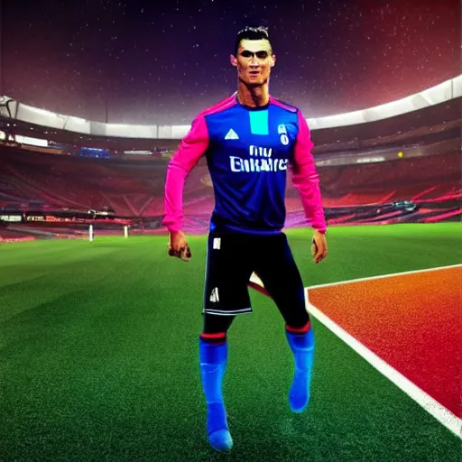 Prompt: cristiano ronaldo with futurist soccer outfit in a stadium with neon, night, cyberpunk, realistic, beautiful, fantasy