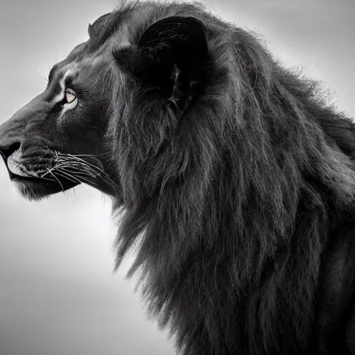 Image similar to professional photography of a black lion, spectacular in its beauty, 8 k