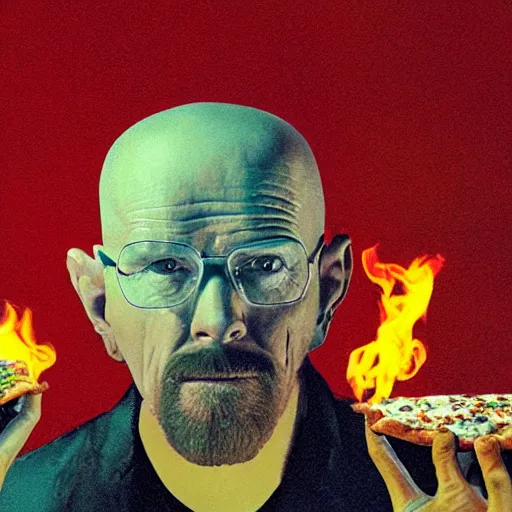 Image similar to low quality photo of heisenberg eating pizza in the sky