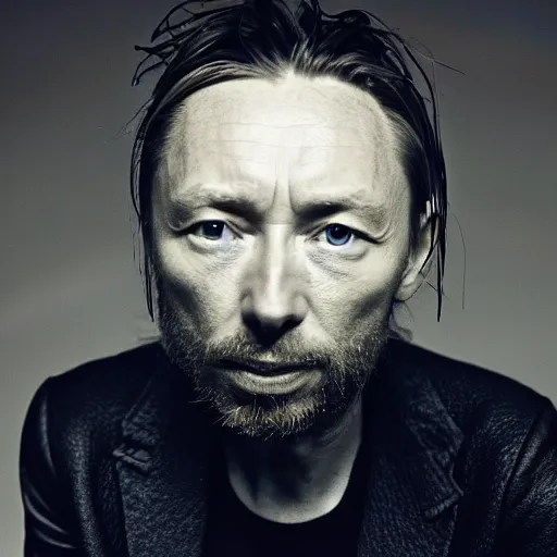 Image similar to Thom Yorke, a man with a beard and a black jacket, a portrait by John E. Berninger, dribble, neo-expressionism, uhd image, studio portrait, 1990s