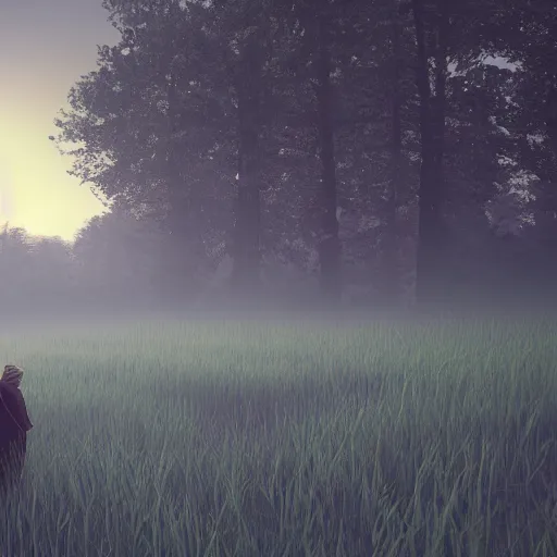 Prompt: old prophet wandering about a meadow, volumetric lighting