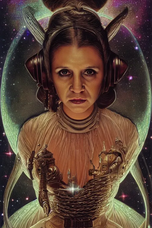 Prompt: highly detailed portrait of princess leia organa by alex grey, patrick woodroffe, mark ryden created by gustave dore and greg rutkowski, high detailed, smooth draw, synthwave neon retro, intricate, realistic proportions, dramatic lighting, trending on artstation