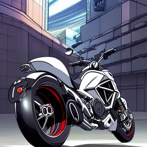 Image similar to anime art vehicle concept art, anime key visual of ducati diavel, at a city street, trending on pixiv fanbox, studio ghibli, extremely high quality artwork
