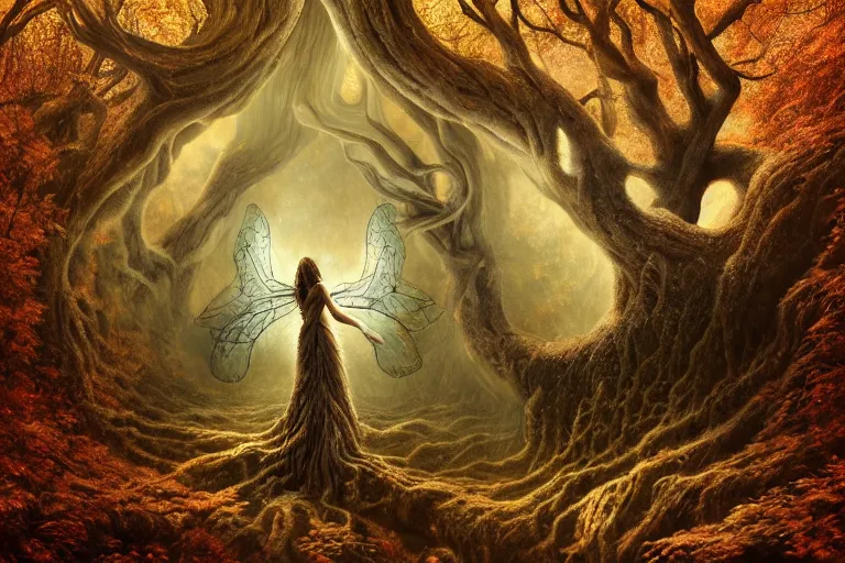 Prompt: a stunning ultra detailed illustration of a barren sinuous tree in a barren forest with a floating glowing fairy with wings, fall leaves on the floor, by tomasz alen kopera, deep depth of field, 2 4 mm lens, golden hour hues, soft lighting, artstation, highly coherent