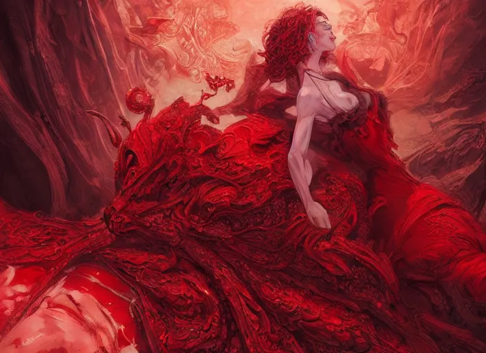 Image similar to woman in love sit upon a scarlet coloured beast, pain, royal dress, light effect, hyper detailed, intricate, atmospheric, elegant, highly detailed, digital painting, artstation, concept art, matte, sharp focus, illustration, by james jean, andrei riabovitchev, marc simonetti, yoshitaka amano
