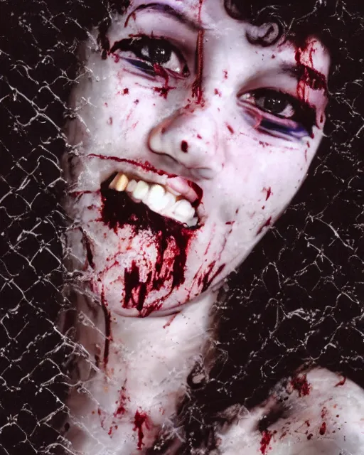 Prompt: an instant photo of a handsome but creepy, sinister, smiling young woman, with haunted eyes and curly hair, wearing punk clothing, 1 9 7 0 s, seventies, wallpaper, a little blood, moonlight showing injuries, delicate embellishments, painterly, offset printing technique