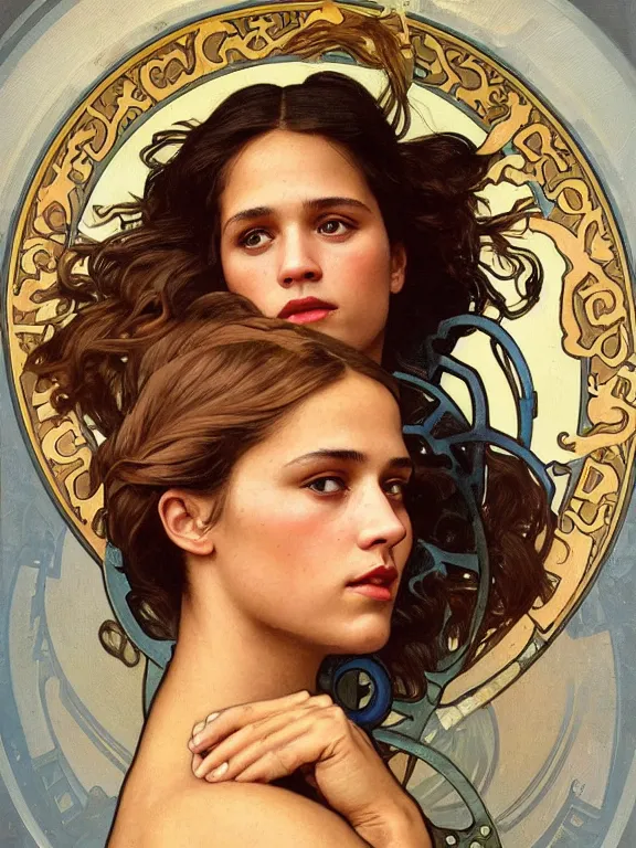 Image similar to an art nouveau style head and shoulders portrait oil painting of a pretty young alicia vikander or jessica alba as a mechanic in a dirty coveralls holding a wrench, in front of a round, complex rotary airplane engine, intricate, detailed, smooth, complex, elaborate, by alphonse mucha and james gurney and john william waterhouse and bouguereau