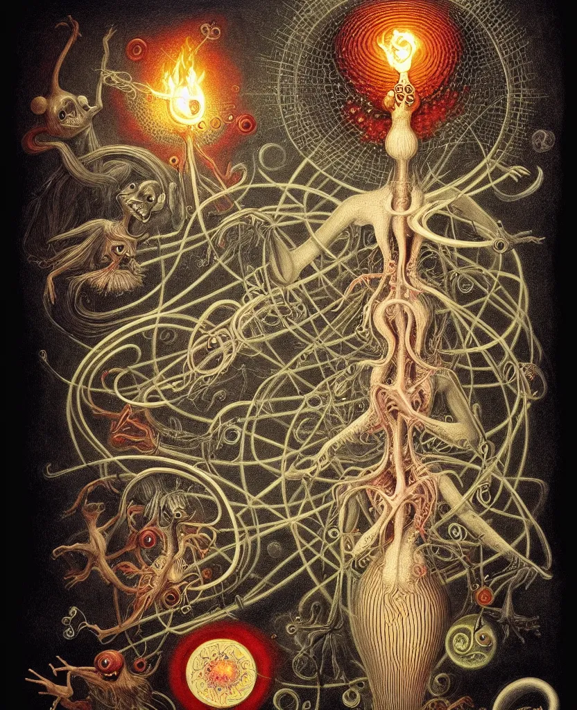 Image similar to whimsical freaky creature sings a unique canto about'as above so below'being ignited by the spirit of haeckel and robert fludd, breakthrough is iminent, glory be to the magic within, painted by ronny khalil