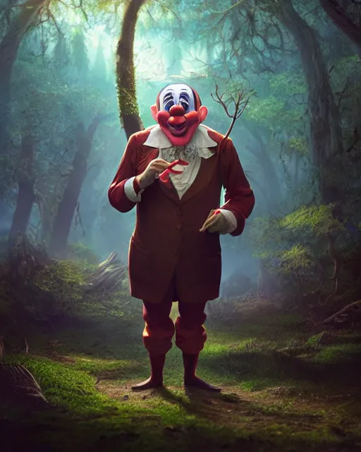 Image similar to old clown in enchanted forest, prismatic highlights, atmosphere, gorgeous, depth of field, cinematic, macro, concept art, 50mm, artstation, wlop, elegant, epic, weta digital, focus, octane render, v-ray, 8k, kodak portra, art by Asaf Hanuka