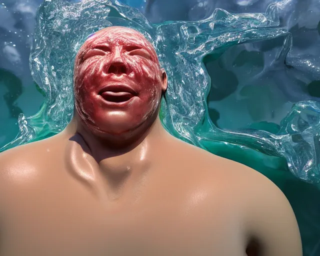 Prompt: a massive sculpture of a squashed human face made out of dripping jelly on the ocean water, cinematic, hyper - realistic, very detailed, realistic water splashes, ray tracing, 8 k resolution, long - shot, sharp focus, low angle, 8 5 mm photograph, wide lens