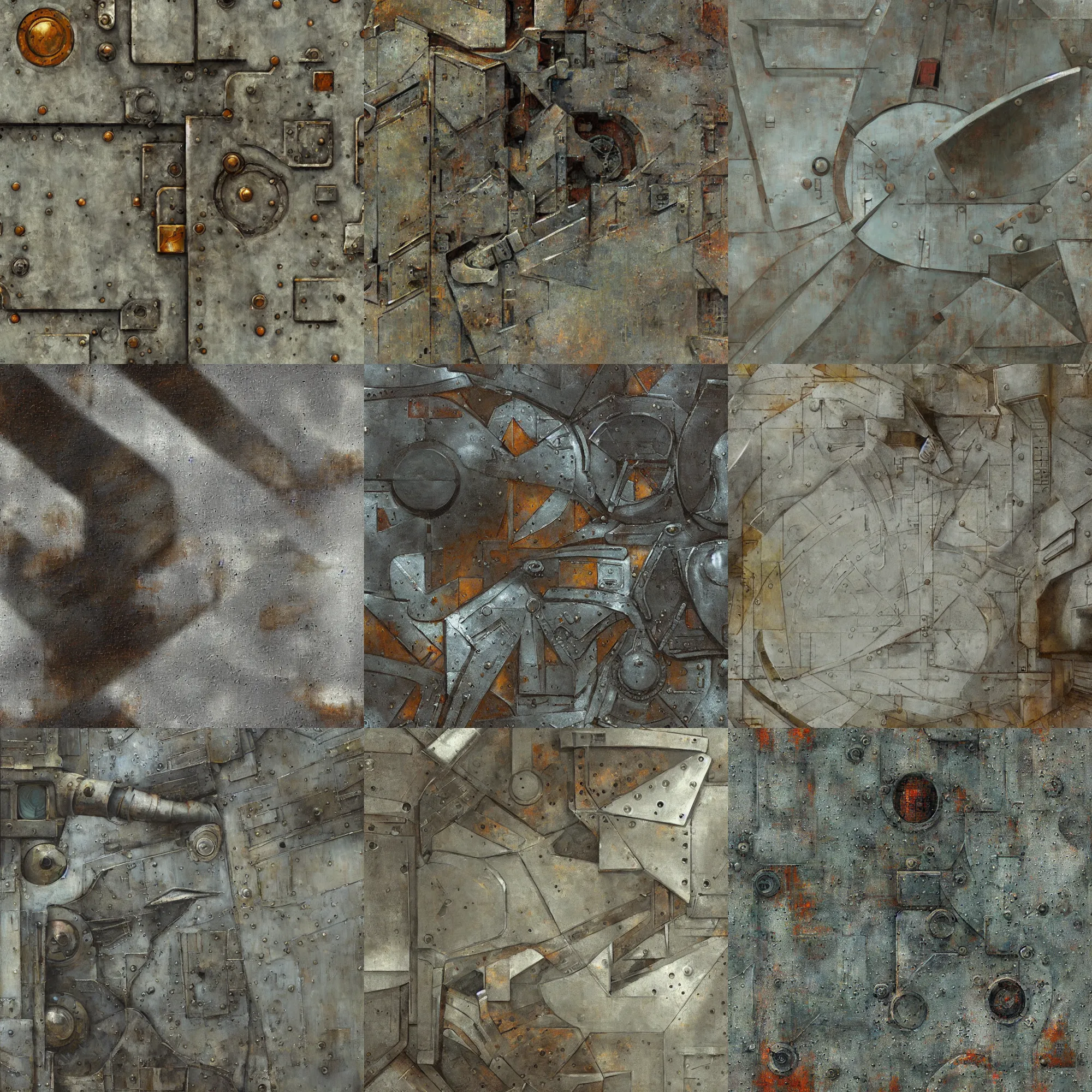 Prompt: scifi, panels, rivets, cut lines, white paint, bright ( ( ( rusty ) ) ) metal wall seamless game texture, by dean cornwell, nc wyeth, painterly, 4 k, textures. com, high resolution, paintchips