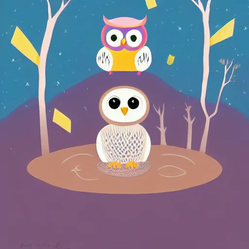 Image similar to a cute cartoon picture of an adorable owl of athena!! next to a a jar of fireflies! in the woods, a storybook illustration by arabella rankin and nyuju stumpy brown, behance contest winner, featured on pixiv, context art, storybook illustration, pop surrealism, nightscape, digital illustration