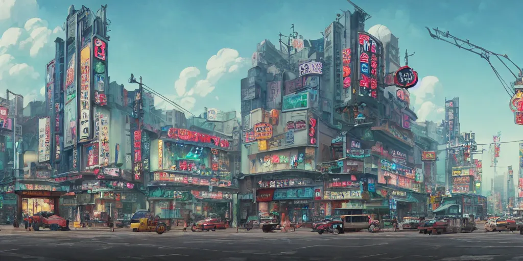 Image similar to A highly fantasy detailed matte painting of Buildings with Japanese Billboards and neonsigns by Studio Ghibli, Makoto Shinkai, by Artgerm, by WLOP, by Greg Rutkowski, volumetric lighting, octane render, 4K resolution, trending on artstation, masterpiece, simon stalenhag