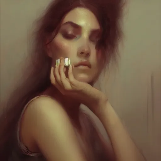 Image similar to Portrait of a melancholic woman, putting on her makeup in an unorthodox manner, illustrated by Greg Rutkowski and Gaston Bussiere, trending on artstation, 4k, 8k