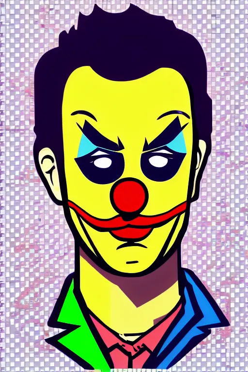 Prompt: display twitter guy wearing an blouses with clown mask. pop art, gta vice city art style, pixel art, face and body features details, ultra realistic details, digital art, concept art, casual art, sharp focus, illustration, intecrate details, elegant, confident posse, art by mark millar and richard hamilton and mimmo rottela