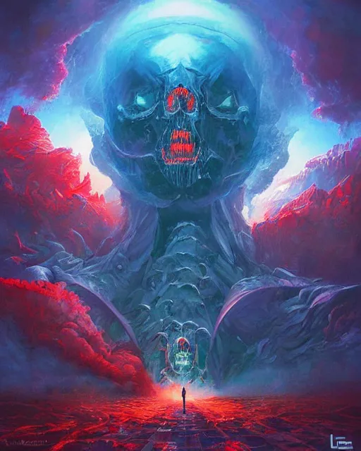Prompt: Now I have become Death, the destroyer of worlds, artwork by artgerm, 4K resolution, stairway to Heaven, art by Paul Lehr