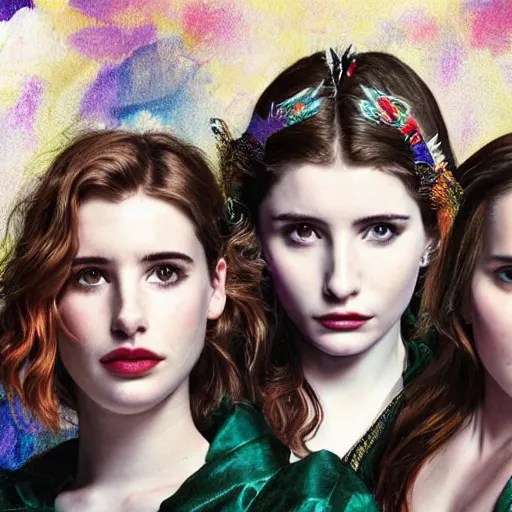 Image similar to young Emma Roberts and Thomasin McKenzie and young Mädchen Amick as a trio of goddesses of ravens looking searchingly into your eyes. minute detail. blended shadowing. tricolors. ultra colorful. perfect lighting. perfect pose. amazing creative portrait illustration. the best portrait of 3 beautiful goddesses in existence. large format image. image appears 3D.